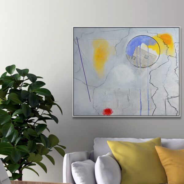 Apstraktna bijela umjetnička slika na zidu iznad sofe