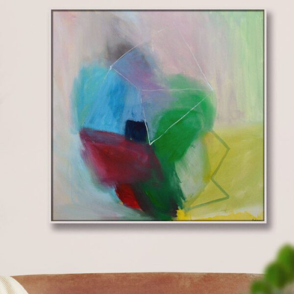 Apstraktni pejzaž geometrijska apstrakcija na platnu u interijeru slikara Ranka Ajdinovića