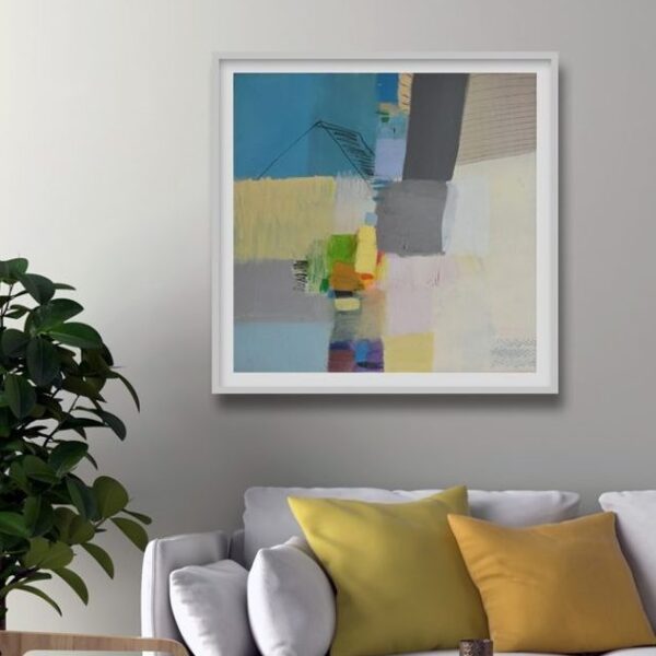 Plavo žuta umjetnička slika apstrakcija iznad kreveta u interijereu